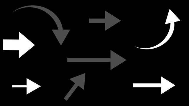 Arrows icon animation on black background. Simple arrow symbol graphic set. Pointers signs collection
