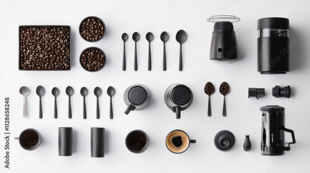 Leinwandbilder coffee beans, various cups, and spoons are arranged on a flat surface alongside a coffee maker, crea