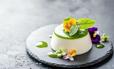 Matcha coconut panna cotta concept. Delicate dessert topped with flowers and mint on a slate plate.