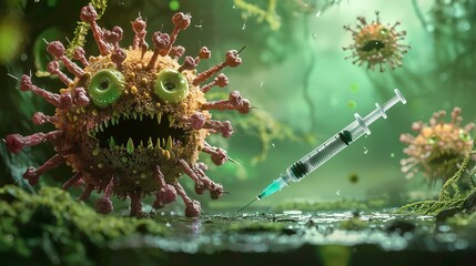 Syringe combating flu virus, symbolizing vaccination efforts.