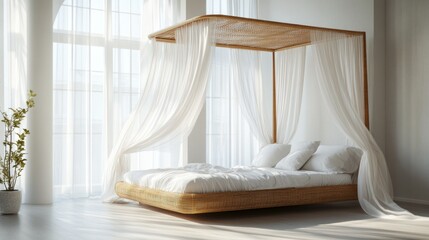 A rattan canopy bed frame with flowing sheer curtains