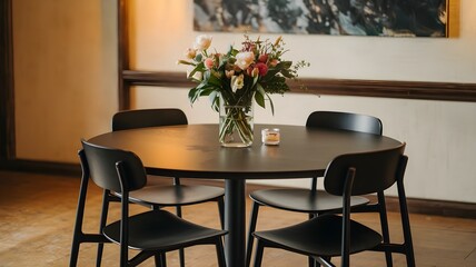 Fototapeta premium A round dining table with one vase of fresh flowers in the center