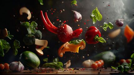 Vegetables floating in the air