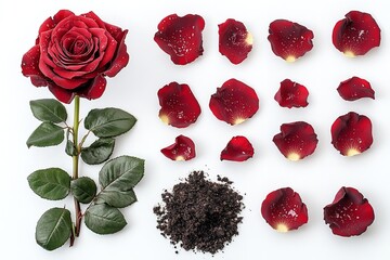 An isolated set of red roses with petals and drops on a white backdrop. Generative Ai