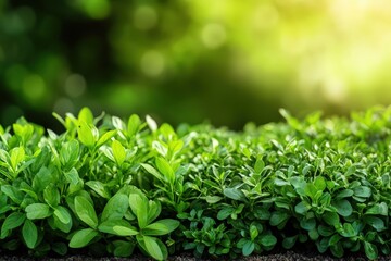 Obraz premium Lush green plants thriving under warm sunlight in a tranquil garden setting