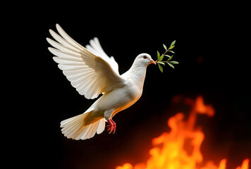 Obraz premium White Pigeon Flying with a Leaf Branch Symbolizing Peace