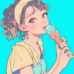 アイスクリームを食べる女の子のイラスト