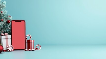 Smartphone mockup in festive red sleigh surrounded by colorful holiday gifts and decorations