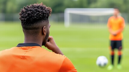Sport coach portsmanship concept. A soccer player prepares for a free kick while another player stands poised in the distance.