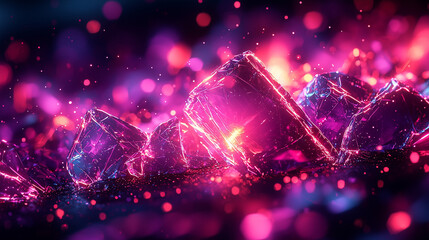 vibrant pink crystals emit radiant light against a dark background, creating a magical abstract scene