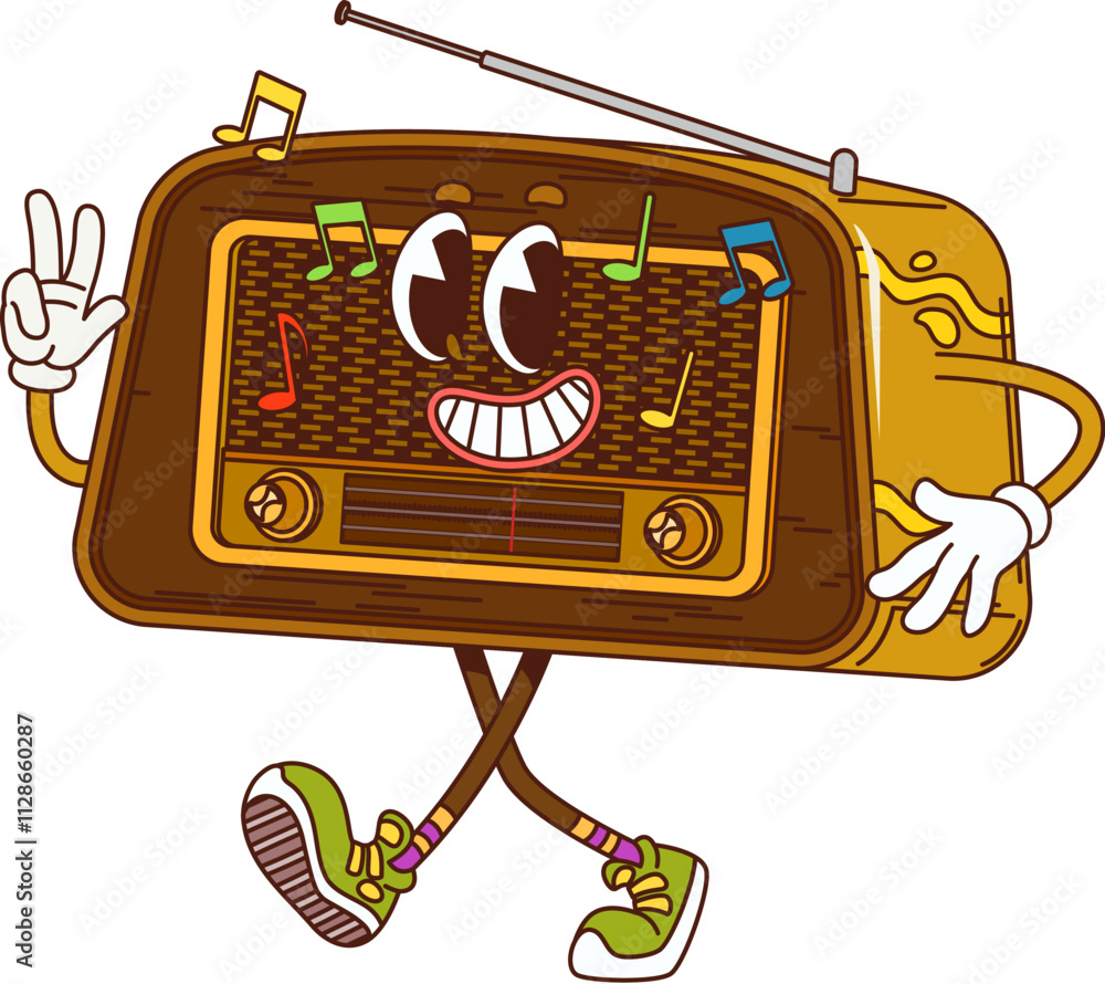 Aufkleber retro groovy radio receiver character. isolated cartoon vector vintage technology personage with nos
