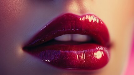 Fototapeta premium Stunning close-up of glossy red lips, highlighting their shine and shape for beauty and makeup inspiration.
