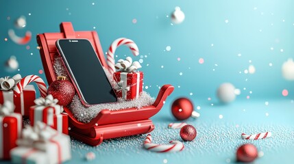 Smartphone in festive sleigh surrounded by Christmas gifts and decorations