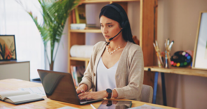 Woman, consultant and artist with laptop or headset for online class, elearning or content creation at home. Female person, agent or art tutor with mic or computer for virtual classroom or education