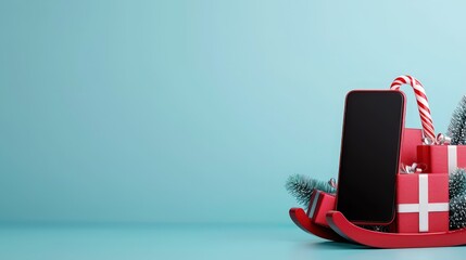 Smartphone resting in a red sleigh surrounded by colorful holiday gifts and decorations