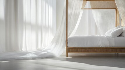 A rattan canopy bed frame with flowing sheer curtains
