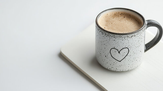 Love confessions A cozy coffee mug with a heart design, filled with frothy beverage on a light surface.