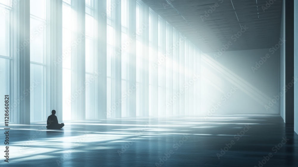 Poster a person sits alone on the floor of a spacious gallery, enveloped by light streaming through tall wi