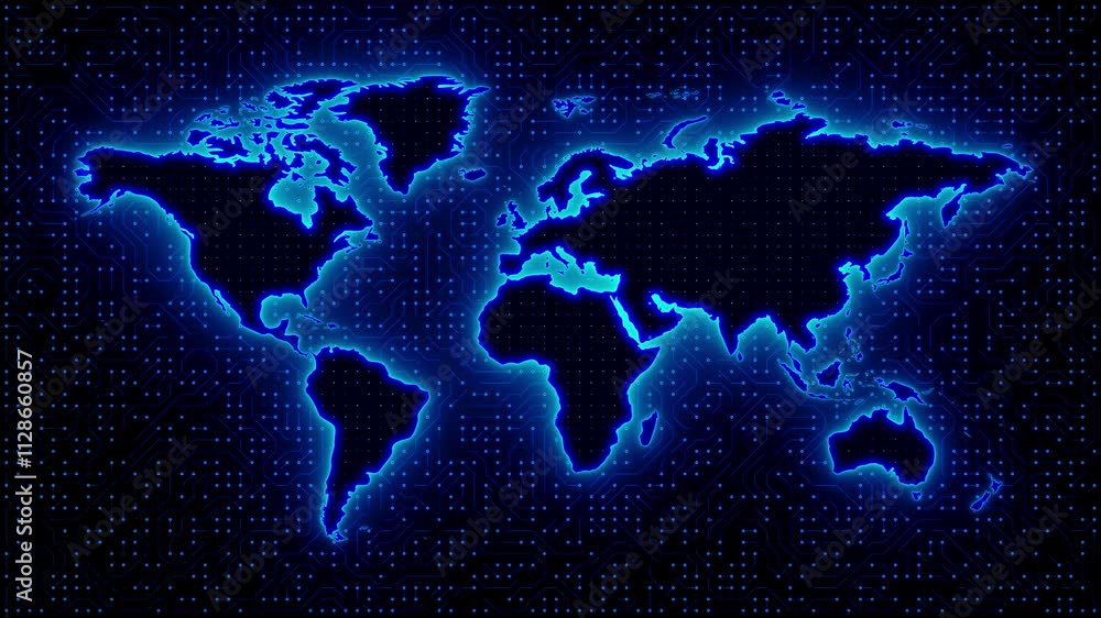 Poster bright glowing world map outline. world map digital tech circuit board background. seamless loop.