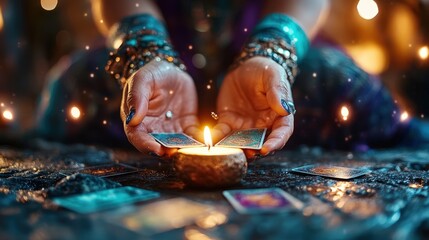 An artistic portrayal of hands cradling a flickering candle, surrounded by tarot cards, symbolizing spiritual insight and the pursuit of knowledge.