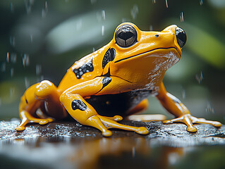 A striking yellow frog with black markings sits on a wet log during rainfall. The vivid colors and water droplets emphasize the beauty and uniqueness of this tropical amphibian in its natural habitat