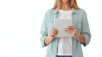 Woman in casual clothing engages with a tablet indoors during daylight