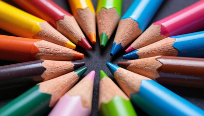 Colorful arrangement of colored pencils in a circular pattern on black background, art class
