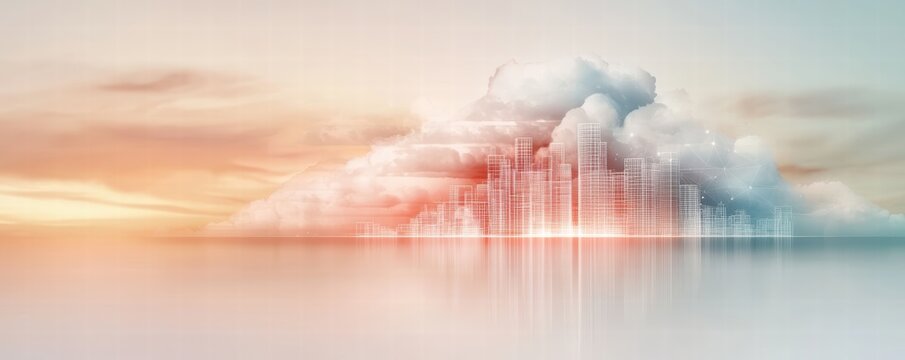 Digital technology and wireframe city in the clouds high fidelity urban landscape concept visualization
