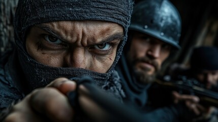Fototapeta premium An intense close-up of two determined warriors, one aiming with a crossbow, conveying a powerful sense of bravery, camaraderie, and readiness for battle in a dramatic setting.