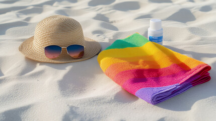 Straw hat, stylish sunglasses and rainbow beach towel with sunscreen bottle on white sand, summer holiday essentials flatlay - Powered by Adobe