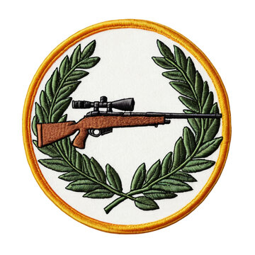 Embroidered patch with a sniper rifle motif surrounded by olive branches.