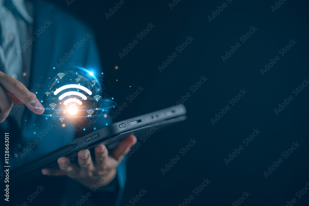 Poster internet wifi fast connect concept, man access high speed wireless transfer big data for business ne