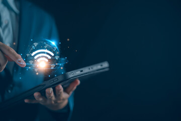 Internet wifi fast connect concept, Man access high speed wireless transfer big data for business network, fast internet broadband wifi hotspot sharing technology