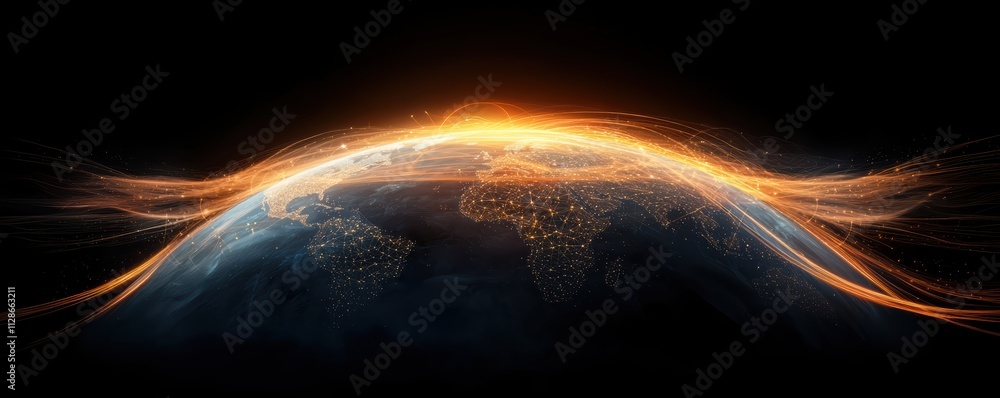 Wall mural exploring digital technology through wireframe polygonal earth with connected nodes in a futuristic 