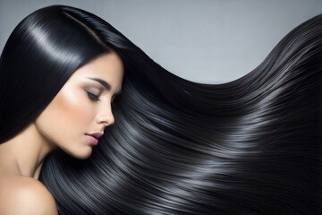 Sleek glossy black hair flowing gracefully in a soft light setting