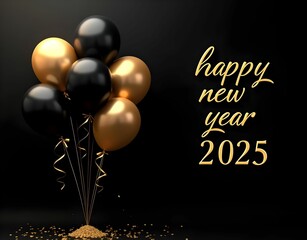 Happy new year 2025 with black and gold balloons. Celebrate 2025 in style with elegant decoration.