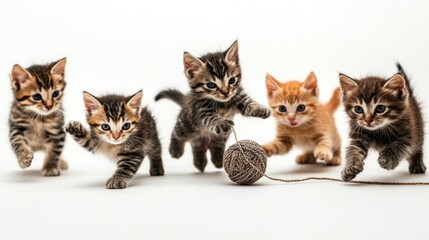 A playful group of kittens chasing a ball of yarn