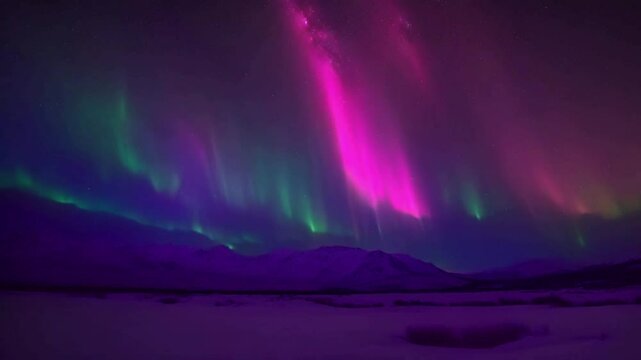 colorful aurora borealis dance on the night sky under white winter empty scenery; astonishing skyscape with nothern lights