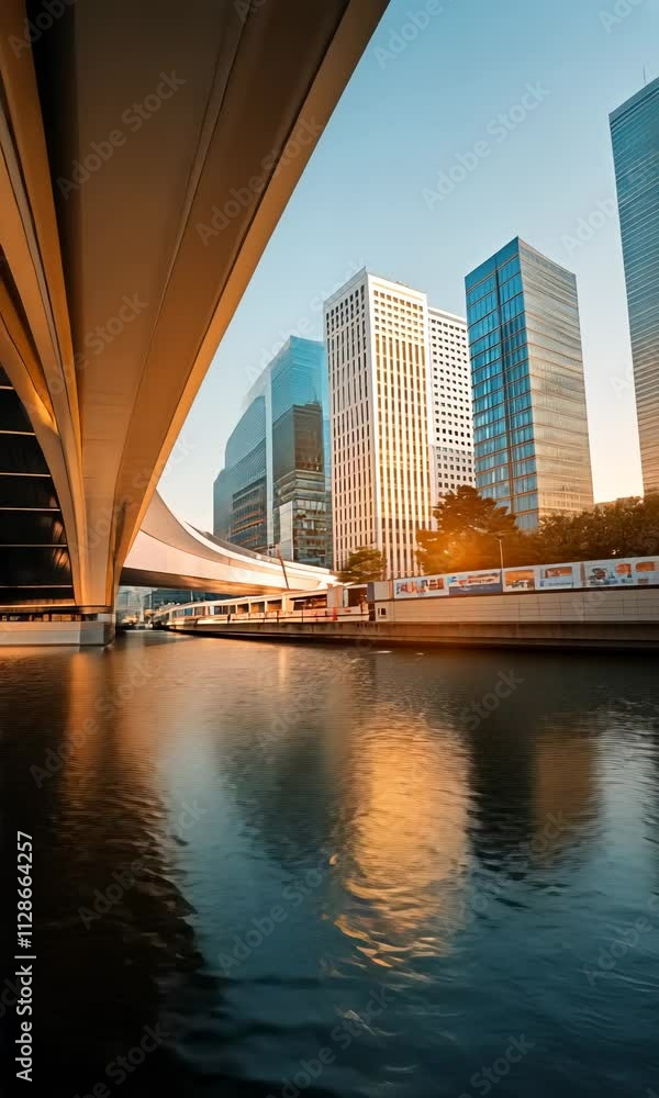 Poster beautiful reflection of modern architecture under bridge at sunset in urban setting