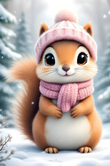 Obraz premium Cute squirrel with big eyes sits in a snowy forest wearing a scarf and a knitted hat