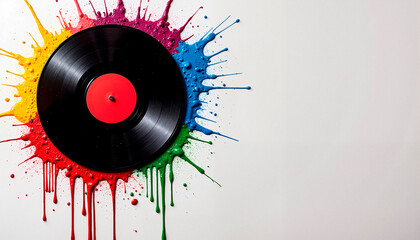 Colorful vinyl record splattered with paint on a white background with copy space, music production