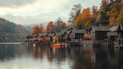 Obraz premium Quiet lakeside village in autumn with wooden houses reflecting in calm water