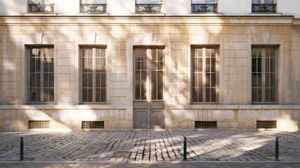 Elegant minimalist Parisian building, wall with windows and doors, sunlit afternoon, serene urban environment, no people visible.