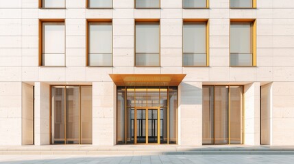 Elegant minimalist Parisian building, wall with windows and doors, sunlit afternoon, serene urban environment, no people visible.