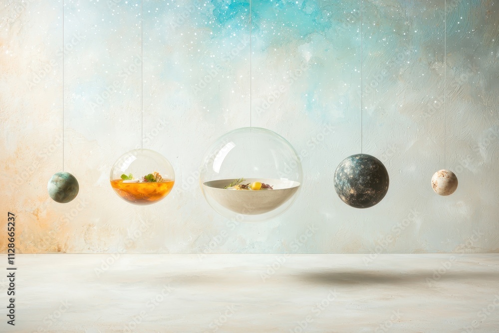 Aufkleber the image features a series of floating glass spheres, each containing different elements, set again