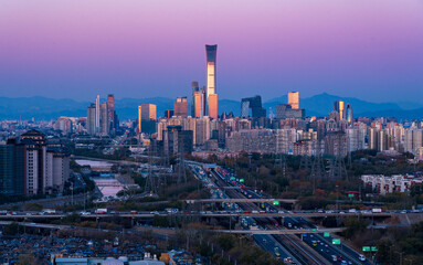 Overlooking Beijing city CBD skyline before sunrise