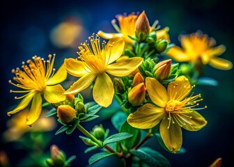 Obraz premium St. John's Wort Blooming: Medicinal Herb Photography, Low Light Herbal Remedy Images