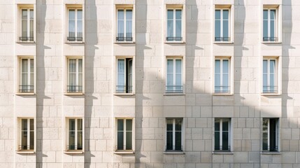 Modern minimalist Parisian architecture, full wall with windows and doors, sunny afternoon light, serene and peaceful, no people visible.
