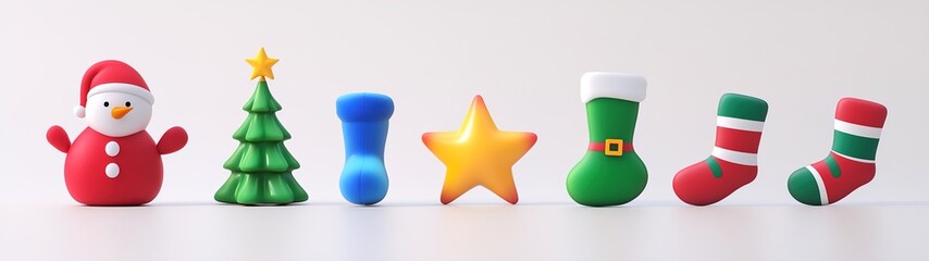 Christmas holiday flat icons - Santa Claus, xmas tree, star, snow man, gifts.