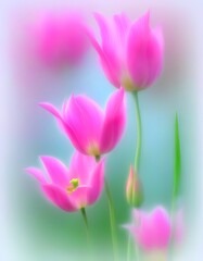 Fototapeta premium The delicate beauty of a pink tulips with soft green leaves against a blurred pastel background